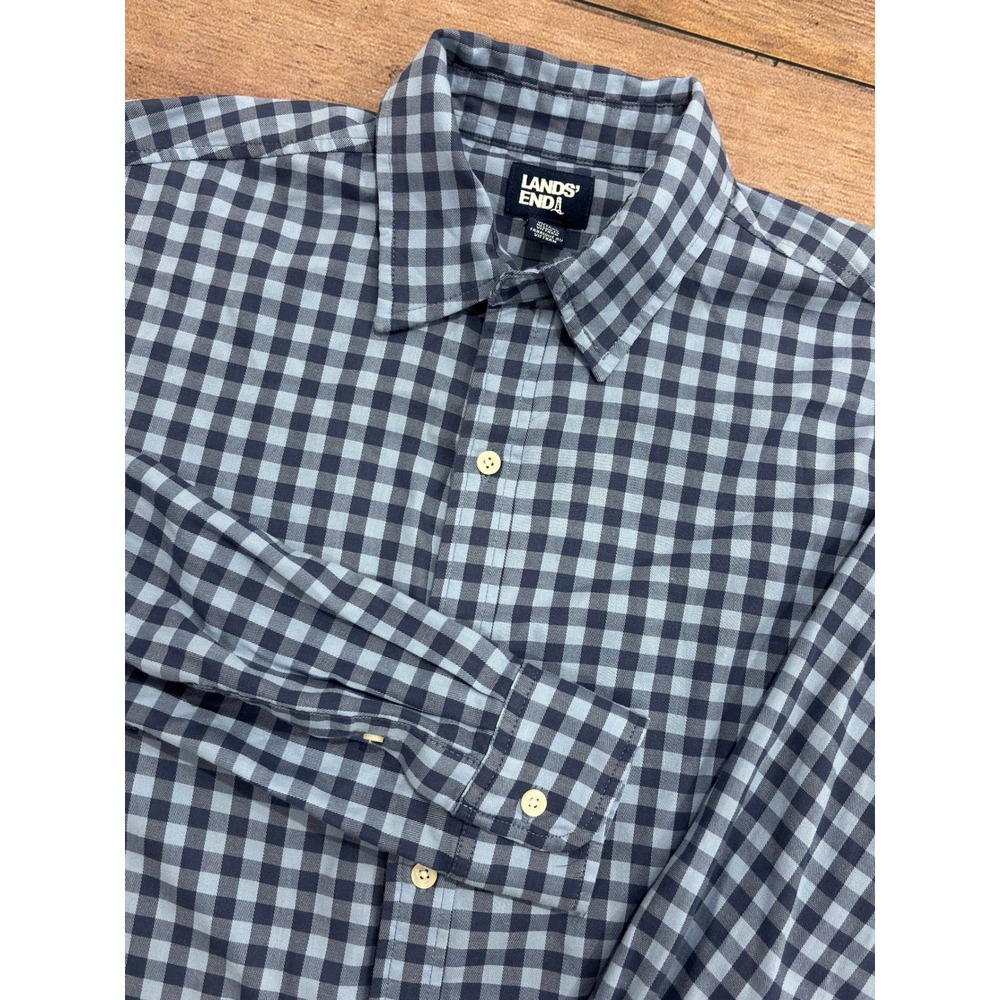 Lands End Mens Blue Gingham Check Flannel Button Down Shirt Long Slve L 16-16.5